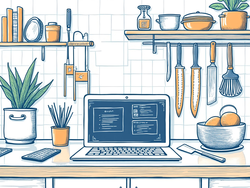 A drawing of a laptop on a kitchen countertop.